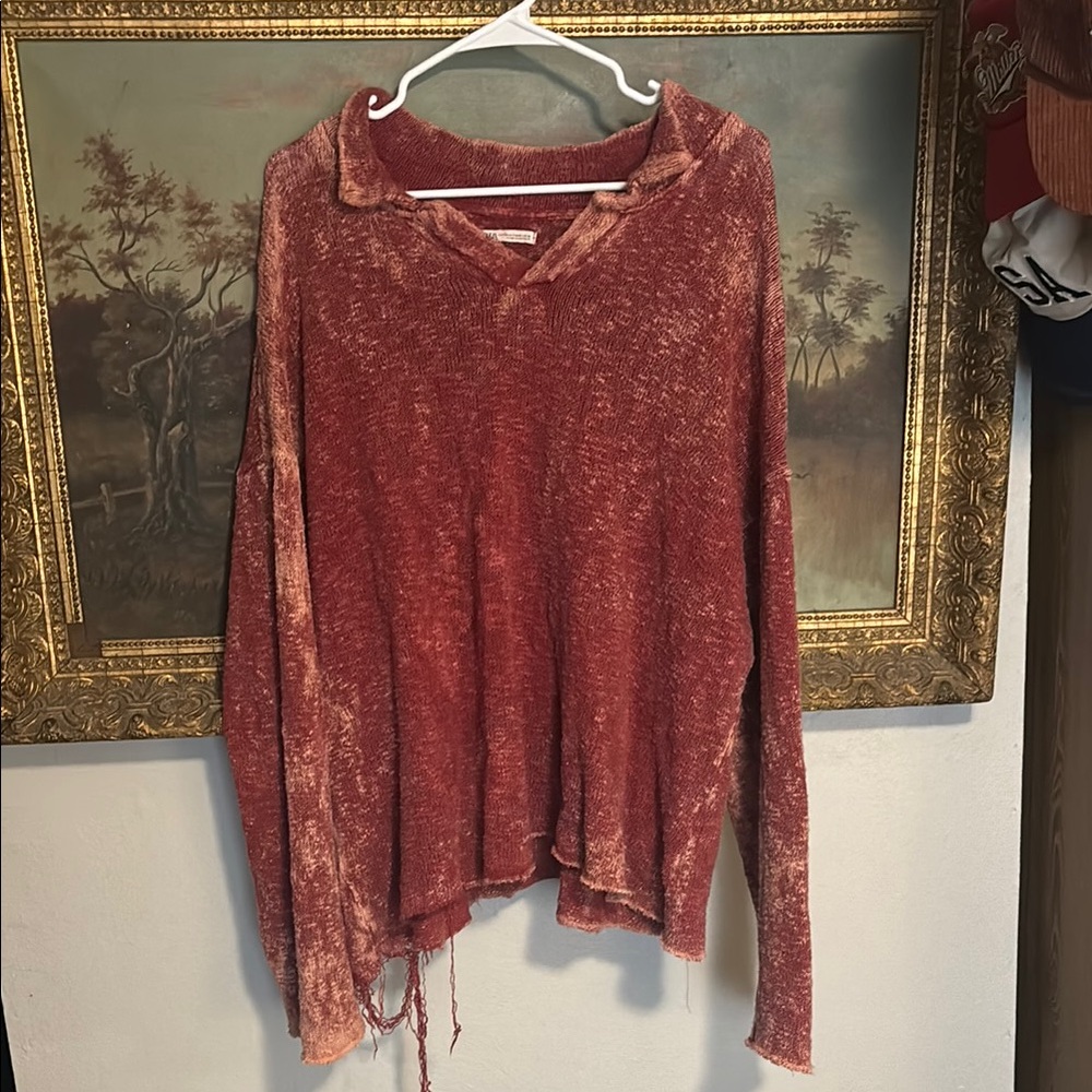 Rusty Red Long Sleeve Y2K Shirt with Polo Collar